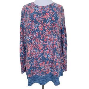J. Jill Long Sleeve Dual Fabric Floral Tunic Top Sz XL Blue & Coral Pullover